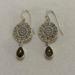 PTI India 925 Sterling Silver Boho Mandala Dangly Earrings w Teardrop Stones